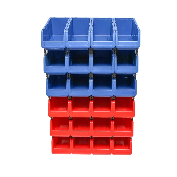 Stand cu 24 cutii pentru depozitare / organizare, cutie din plastic rosie, albastra,700x400x1150mm