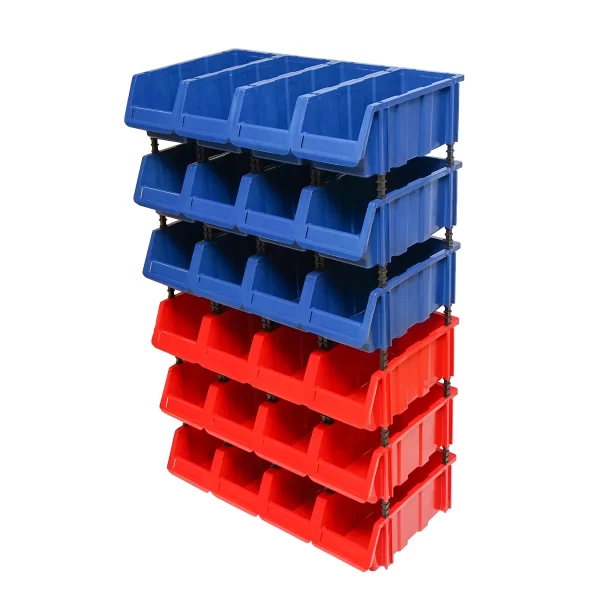 Stand cu 24 cutii pentru depozitare / organizare, cutie din plastic rosie, albastra,700x400x1150mm