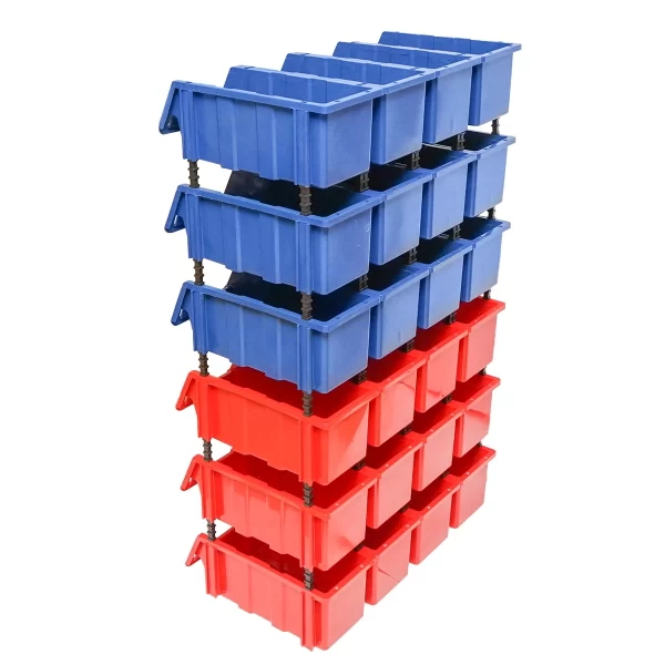 Stand cu 24 cutii pentru depozitare / organizare, cutie din plastic rosie, albastra,700x400x1150mm