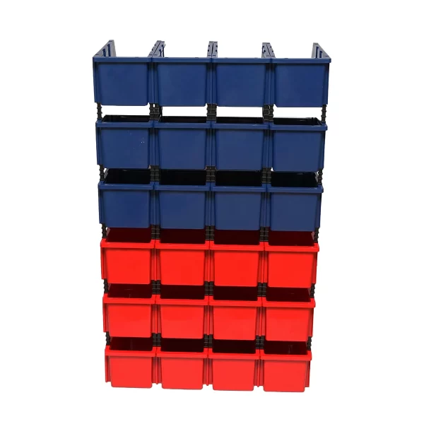 Stand cu 24 cutii pentru depozitare / organizare, cutie din plastic rosie, albastra,700x400x1150mm