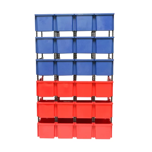 Stand cu 24 cutii pentru depozitare / organizare, cutie din plastic rosie, albastra,700x400x1150mm