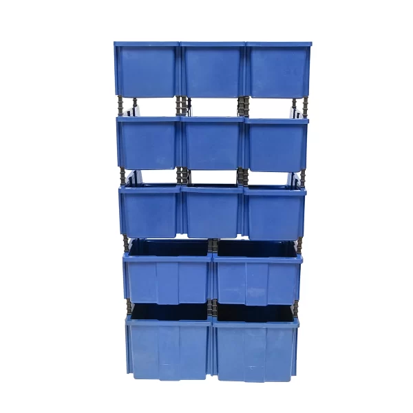 Stand cu 13 cutii pentru depozitare / organizare, cutie din plastic albastra, 510x400x1000mm