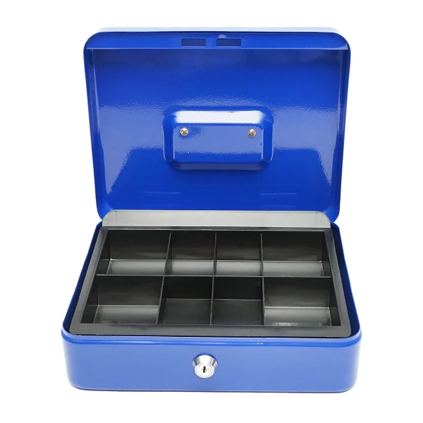 Caseta metalica pentru pentru bani cu incuietoare si 2 chei albastra 250x200x90mm