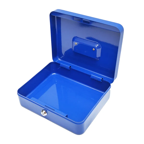 Caseta metalica pentru pentru bani cu incuietoare si 2 chei albastra 250x200x90mm