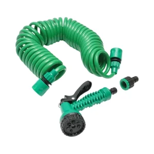 Furtun de gradina spiralat extensibil 7.5m cu pistol reglabil 7 functii, adaptor 3/4, cupla rapida 1/2