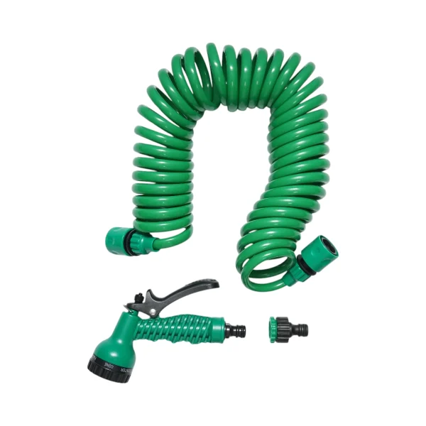 Furtun de gradina spiralat extensibil 7.5m cu pistol reglabil 7 functii, adaptor 3/4, cupla rapida 1/2