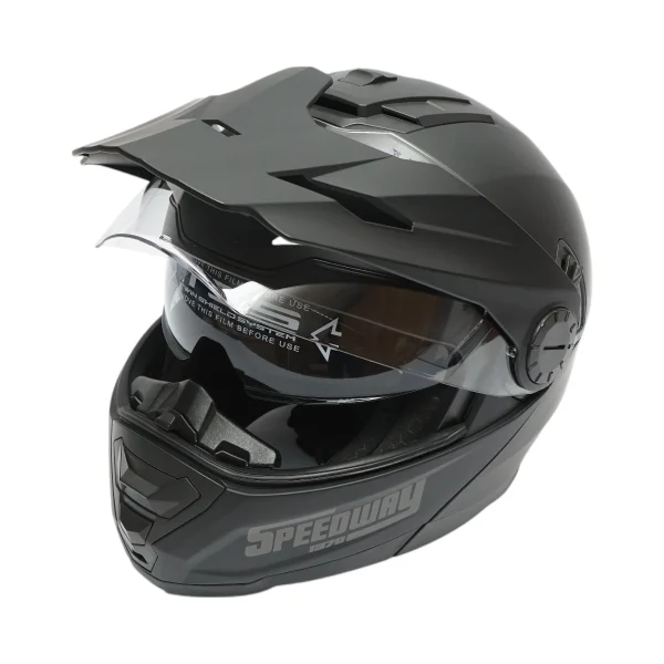Casca motocross integrala negru mat cu viziera transparenta si ochelari de soare, marimea L Lion