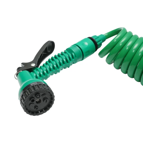 Furtun de gradina spiralat extensibil 7.5m cu pistol reglabil 7 functii, adaptor 3/4, cupla rapida 1/2