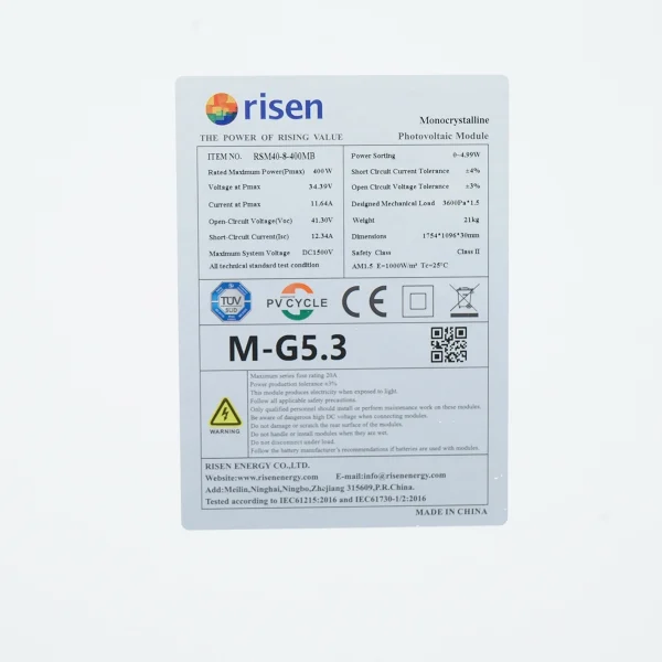 Panou solar fotovoltaic 400W RISEN monocristalin 1754x1096x30mm