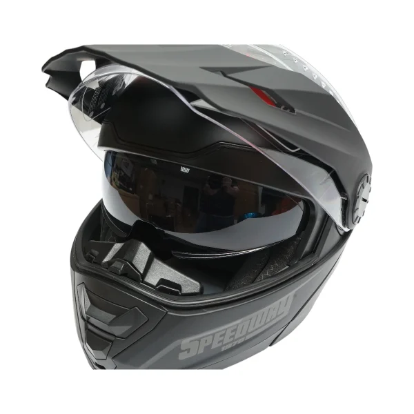 Casca motocross integrala negru mat cu viziera transparenta si ochelari de soare, marimea L Lion